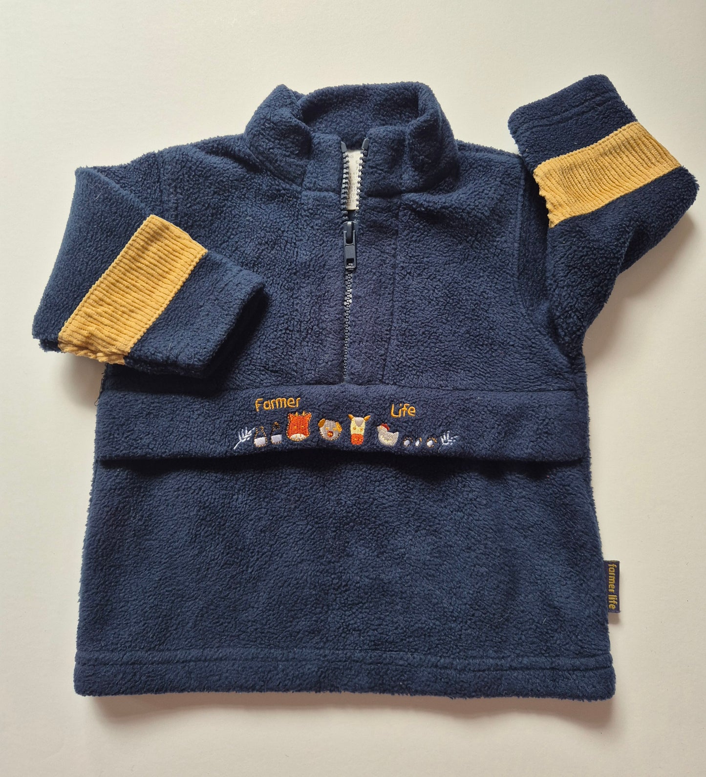 Navy fleece trui “Farmer Life” – maat 74 | 6 - 9 maanden