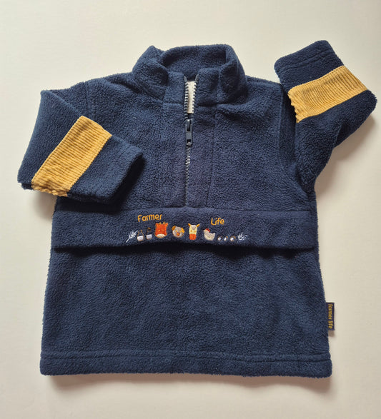 Navy fleece trui “Farmer Life” – maat 74 | 6 - 9 maanden