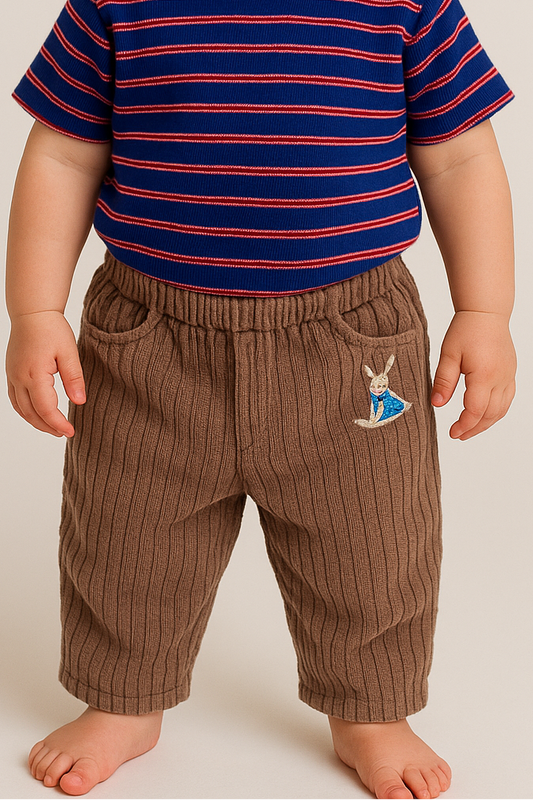 Natalys bruine corduroy broek met konijn – maat 74 | 6 - 9 maanden