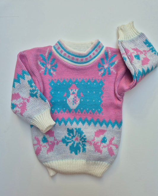 Roze gebreide trui met sneeuwpop – maat 80 | 9 - 12 maanden