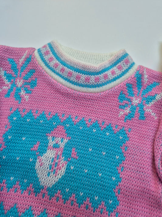 Roze gebreide trui met sneeuwpop – maat 80 | 9 - 12 maanden