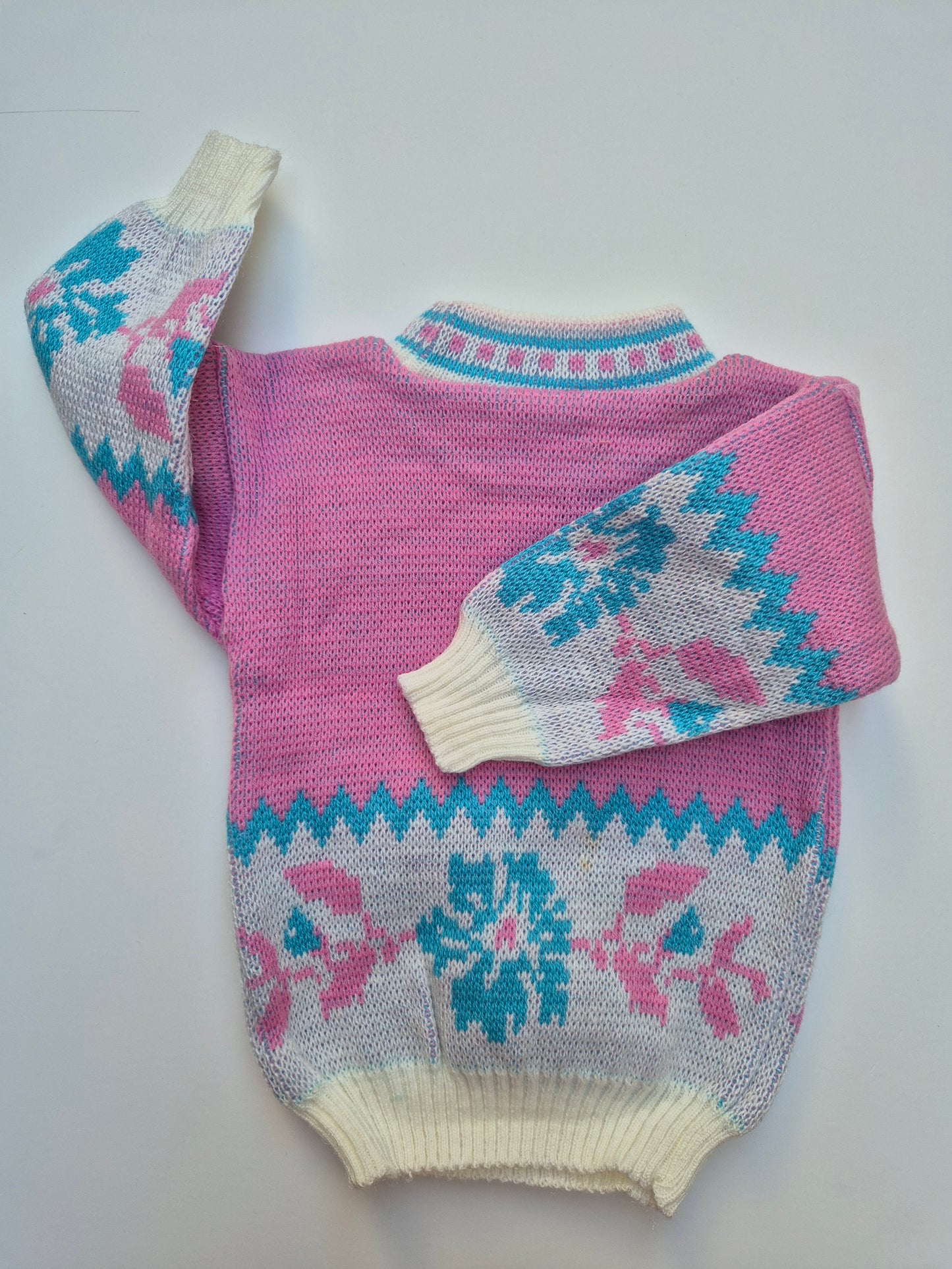 Roze gebreide trui met sneeuwpop – maat 80 | 9 - 12 maanden