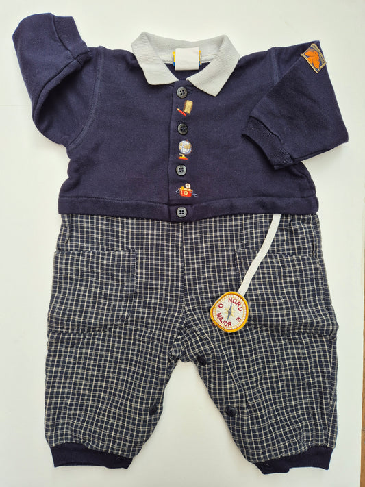 Blauw boxpakje met geruite broek en borduurtjes – maat 80 | 9 - 12  maanden