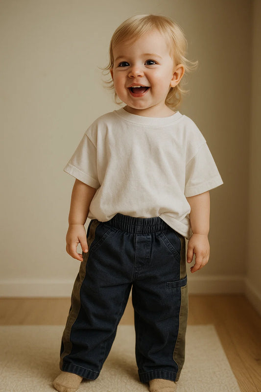 Donkerblauwe broek met kaki strepen – maat 86 | 12- 18 maanden